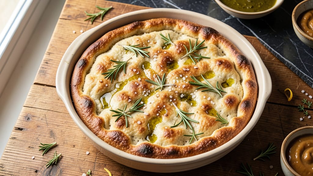 Artisan Focaccia Bread Recipe: Golden Olive Oil Bubbles and Herbal Aroma